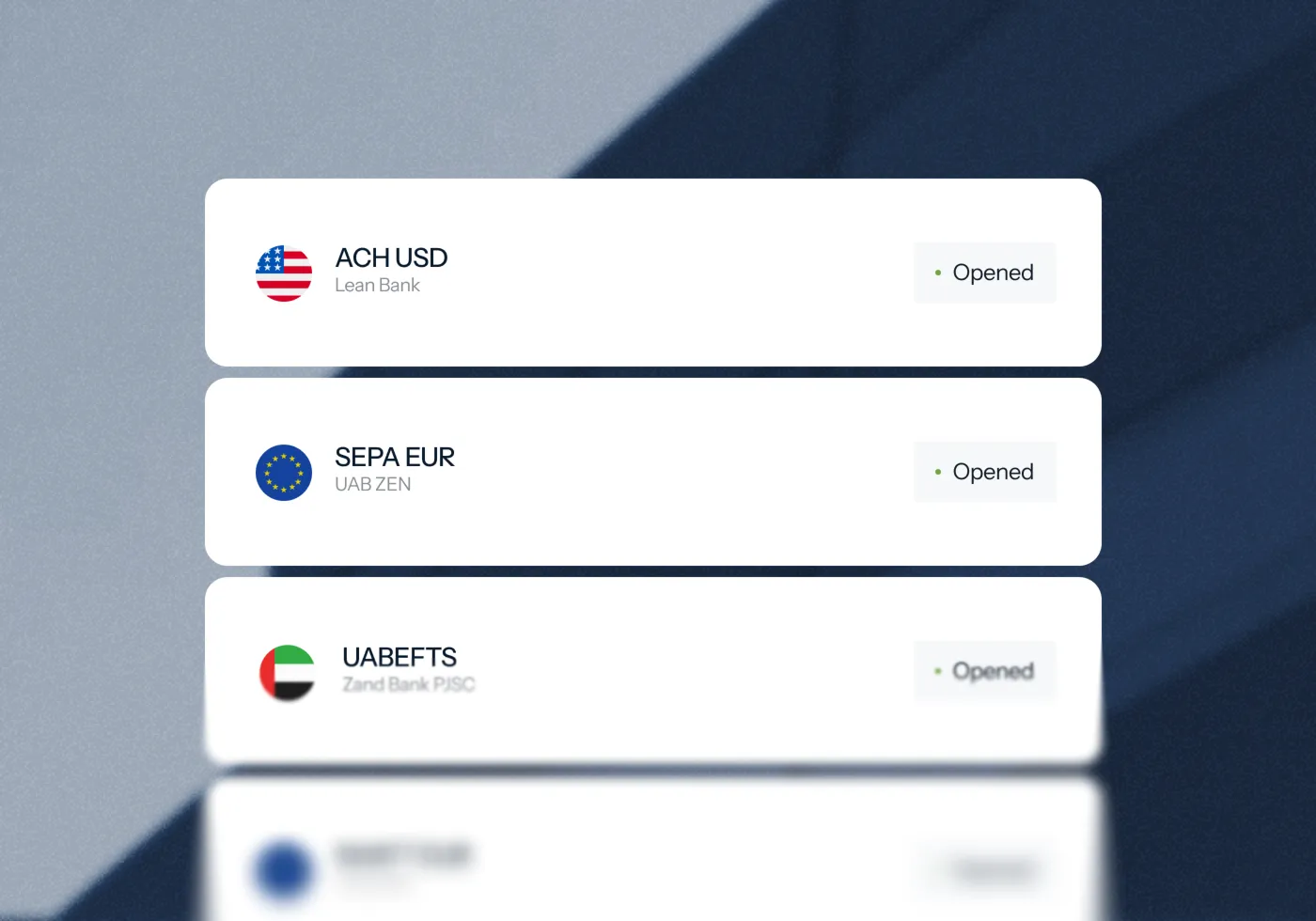 HEVN interface listing USD, EUR, and AED business accounts