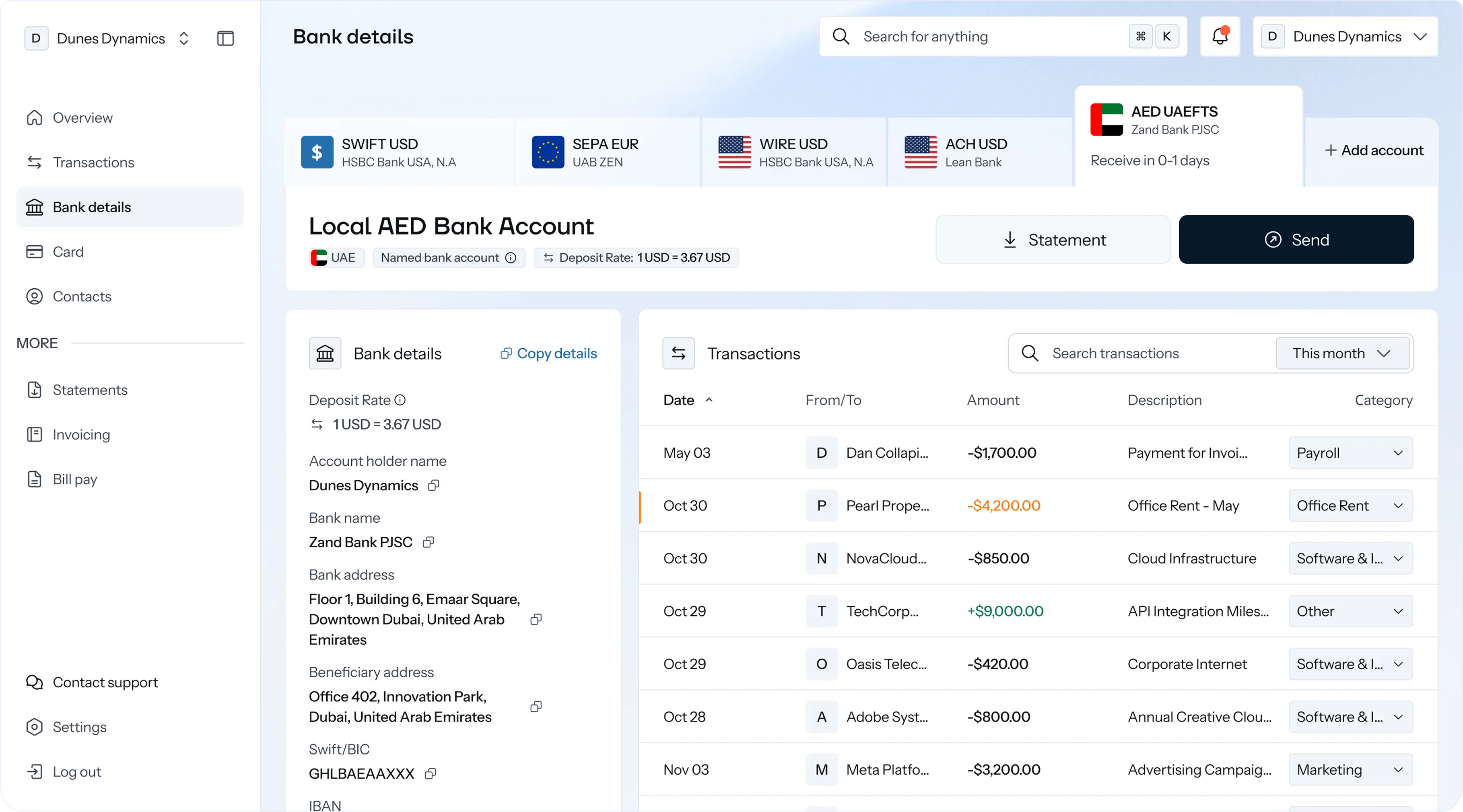 HEVN dashboard showing bank details, account rails, and transactions